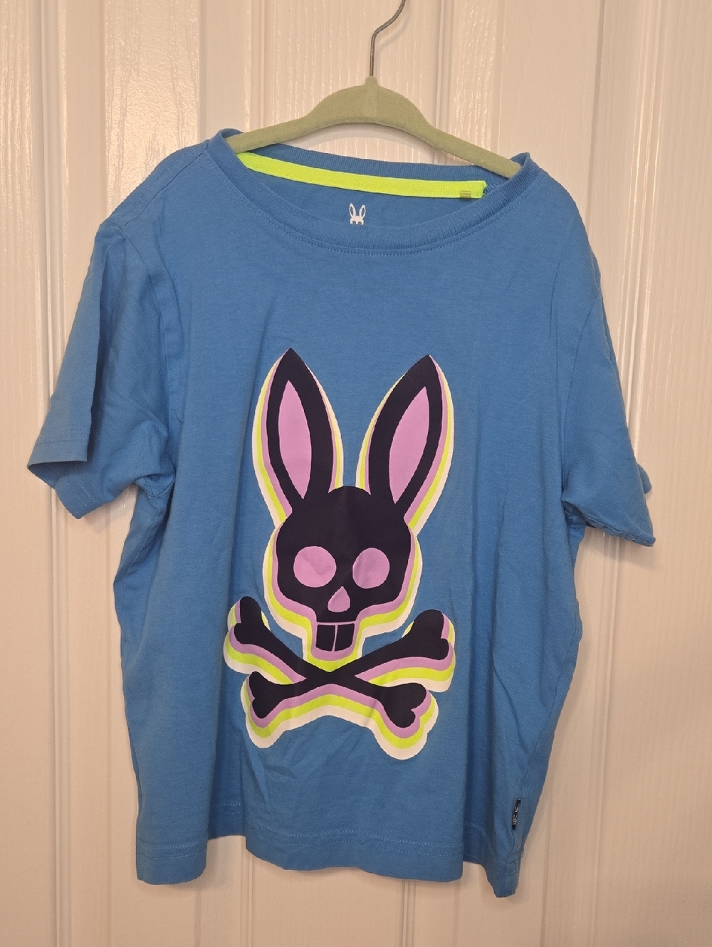 Psycho Bunny Blue Tee with Neon Pink & Yellow Bunny Skull SZ S 7/8